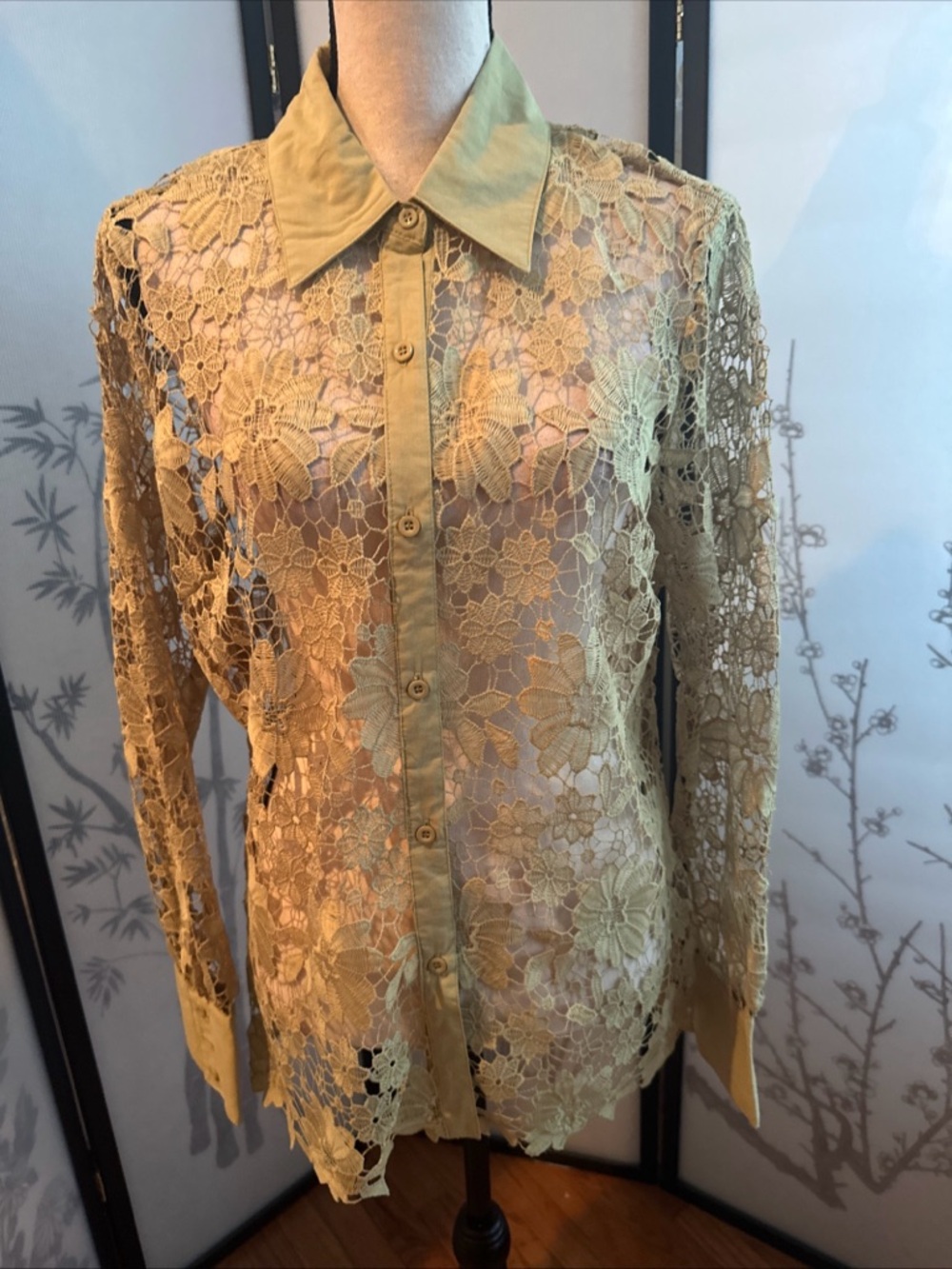 Adiva Lace Button-Front Floral Sheer Blouse in Mustard